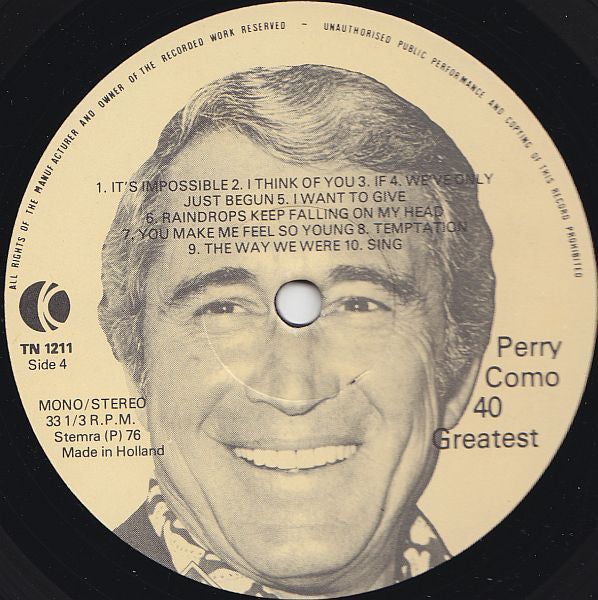 Perry Como - 40 Greatest (LP) Vinyl LP Dubbel Vinyl Very Good (VG) <br> Hoes Good Plus (G+)
