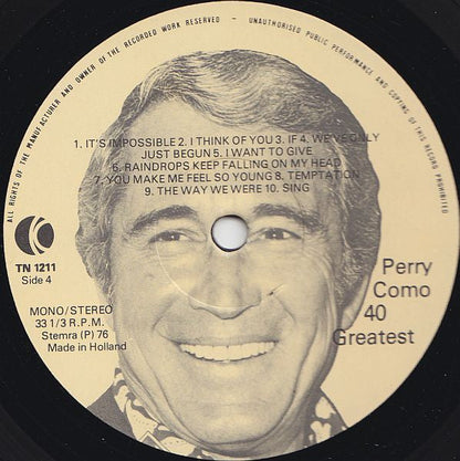 Perry Como - 40 Greatest (LP) Vinyl LP Dubbel Vinyl Very Good (VG) <br> Hoes Good Plus (G+)
