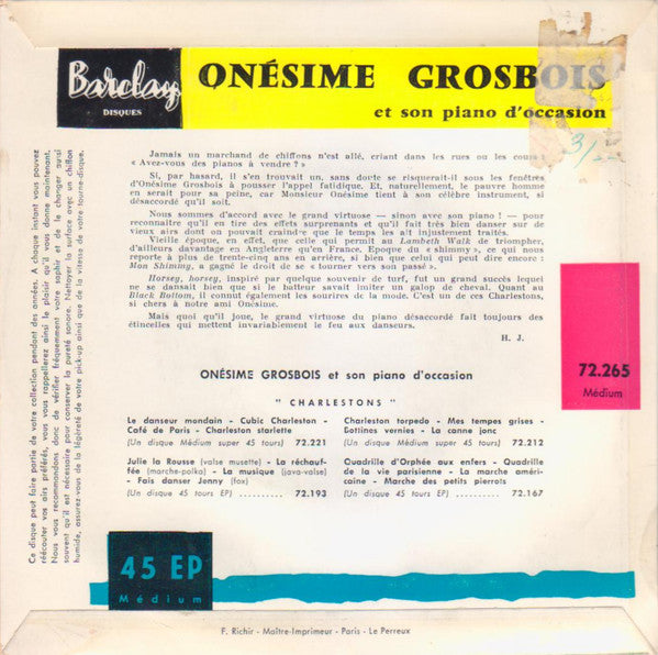 Onésime Grosbois Et Son Piano D'Occasion - Oi Lambeth Walk Vinyl Singles EP Vinyl Very Good (VG) <br> Hoes Good Plus (G+)
