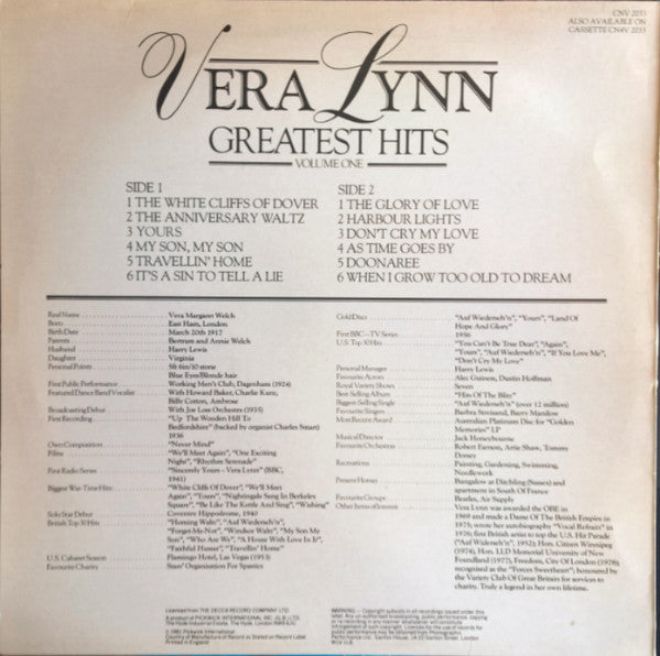 Vera Lynn - Greatest Hits Volume One (LP) Vinyl LP Vinyl Very Good (VG) <br> Hoes Good Plus (G+)