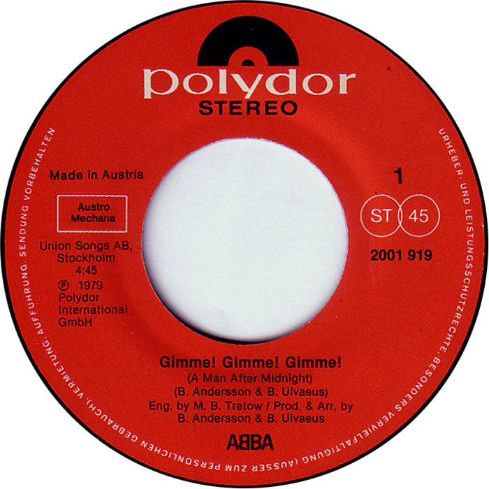 ABBA - Gimme! Gimme! Gimme! (A Man After Midnight) Vinyl Singles Vinyl (G) <br> Hoes Generic