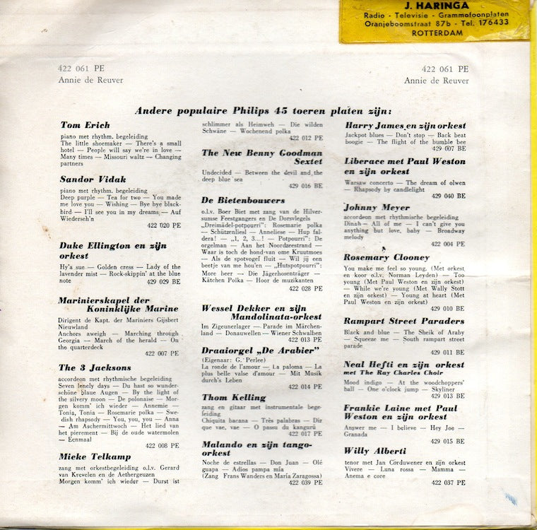 Annie de Reuver En Karel van der Velden - Het Lied Van Het Pierement Vinyl Singles EP Vinyl Very Good (VG) <br> Hoes Good Plus (G+)