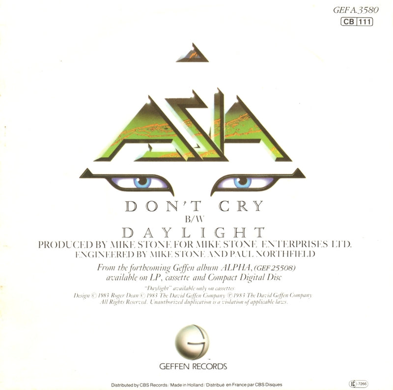 Asia - Don't Cry Vinyl Singles Vinyl Very Good (VG) <br> Hoes Good Plus (G+)