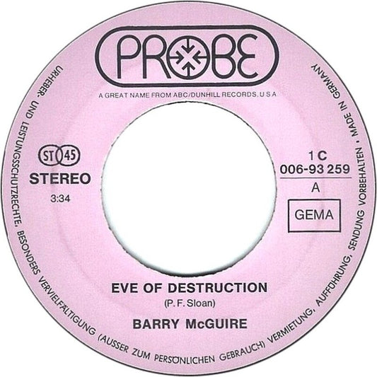 Barry McGuire - Eve Of Destruction Vinyl Singles Vinyl (VG) <br> Hoes Generic