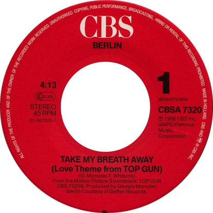 Berlin - Take My Breath Away (Love Theme From "Top Gun") Vinyl Zeer Goed / Hoesje Generic "VINYLSINGLES.NL"