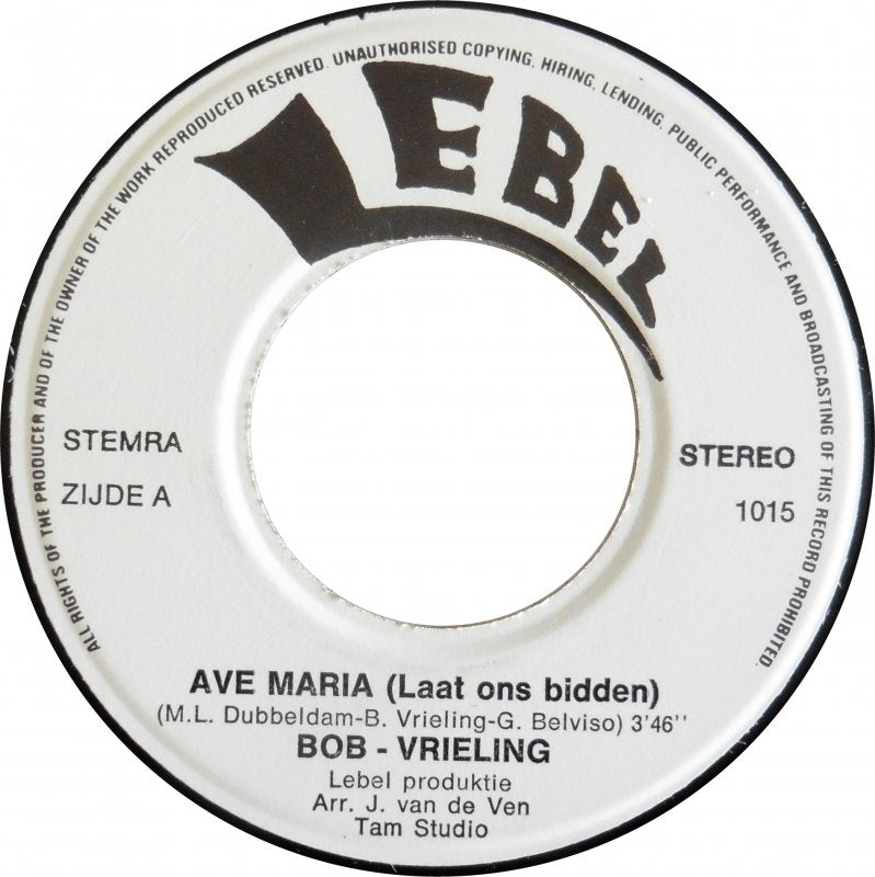 Bob Vrieling - Ave Maria Vinyl Singles Vinyl Very Good (VG) <br> Hoes Generic