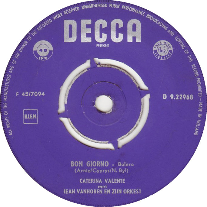 Caterina Valente - Bon Giorno Vinyl Singles Vinyl Very Good (VG) <br> Hoes Generic