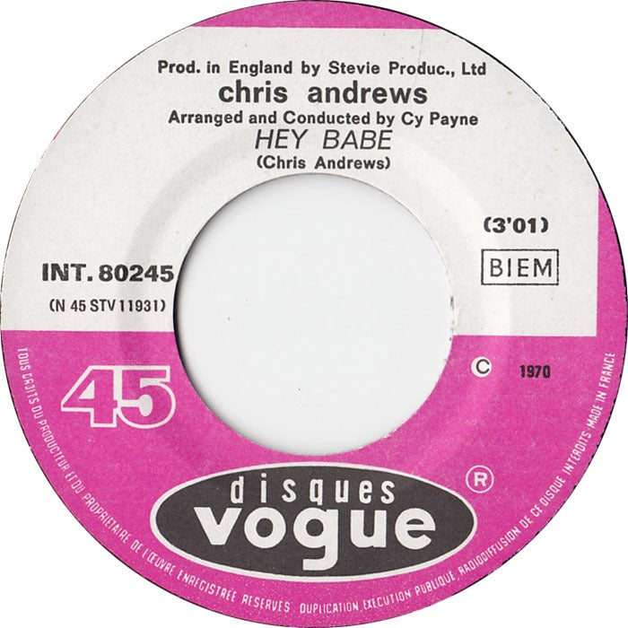 Chris Andrews - Yo Yo Vinyl Singles Vinyl Very Good (VG) <br> Hoes Generic