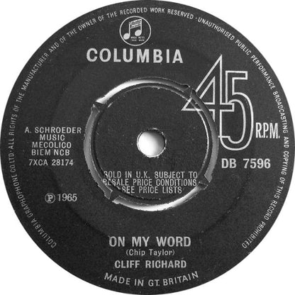 Cliff Richard & The Shadows - On My Word Vinyl Singles Vinyl Very Good (VG) <br> Hoes Generic