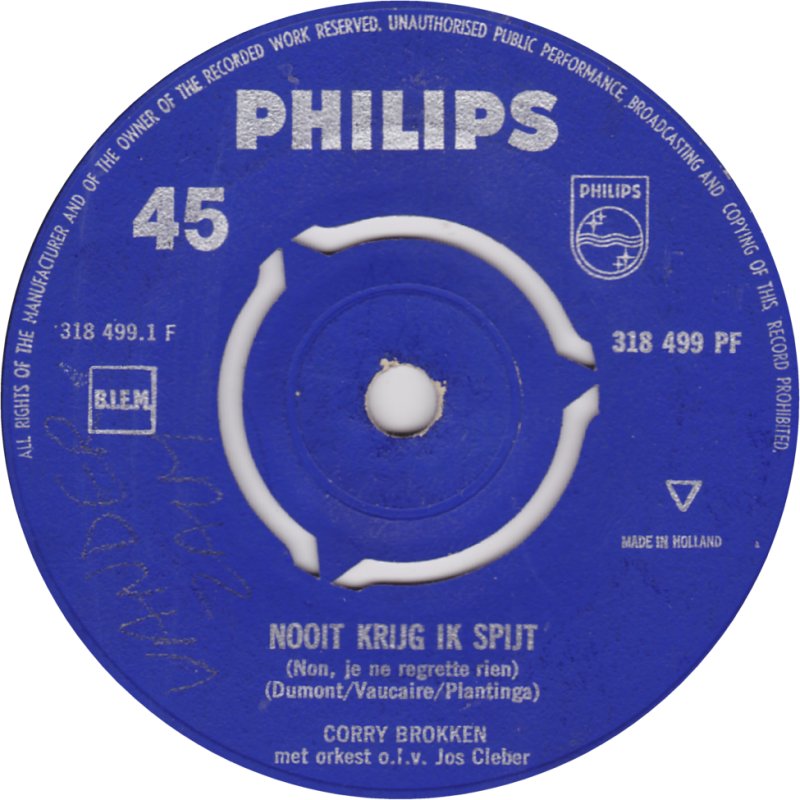 Corry Brokken - Nooit Krijg Ik Spijt 38032 Vinyl Singles Hoes: Generic Company