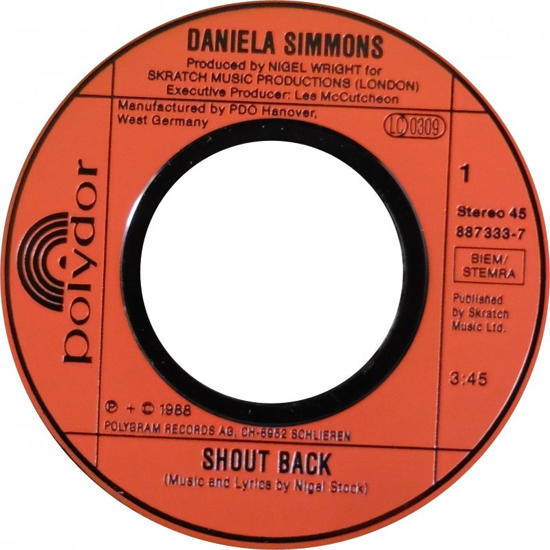 Daniela Simmons - Shout Back Vinyl Singles Vinyl Very Good (VG) <br> Hoes Good Plus (G+)