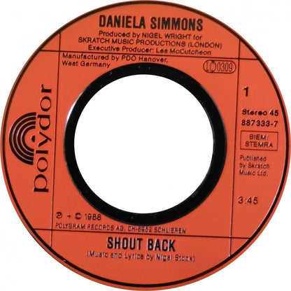 Daniela Simmons - Shout Back Vinyl Singles Vinyl Very Good (VG) <br> Hoes Good Plus (G+)