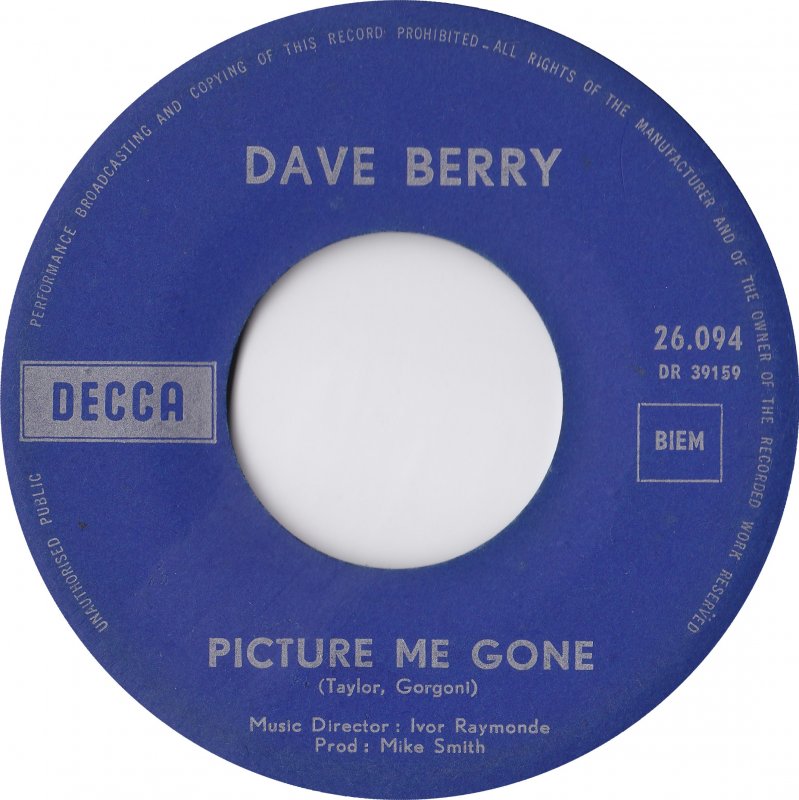 Dave Berry - Picture Me Gone Vinyl Singles Vinyl (VG) <br> Hoes Generic
