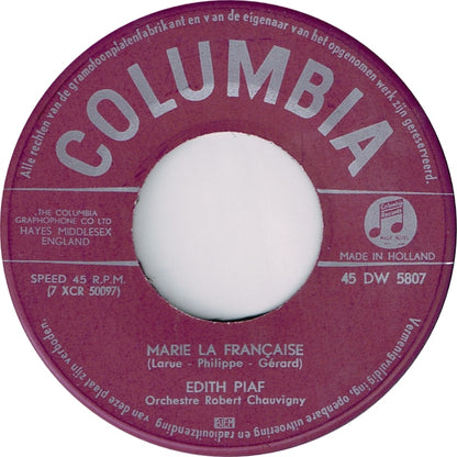Edith Piaf - Marie La Française Vinyl Singles Vinyl Very Good (VG) <br> Hoes Good Plus (G+)