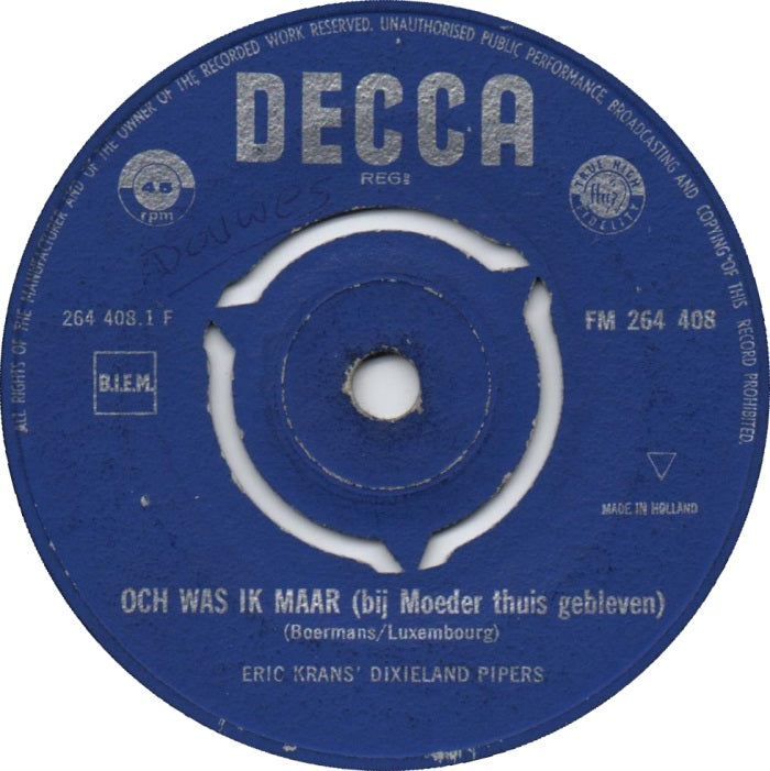 Eric Krans' Dixieland Pipers - Och Was Ik Maar 36204 Vinyl Singles Zeer Goede Staat