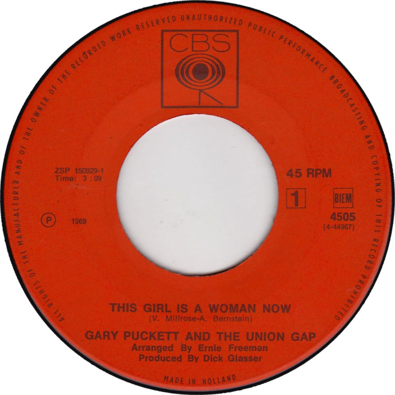 Gary Puckett & The Union Gap - This Girl Is A Woman Now Vinyl Singles Vinyl Zeer Goed / Hoesje Generic "VINYLSINGLES.NL"