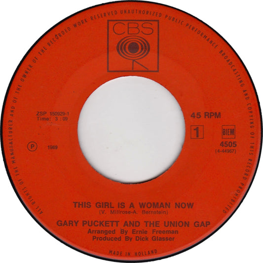 Gary Puckett & The Union Gap - This Girl Is A Woman Now Vinyl Singles Vinyl Zeer Goed / Hoesje Generic "VINYLSINGLES.NL"