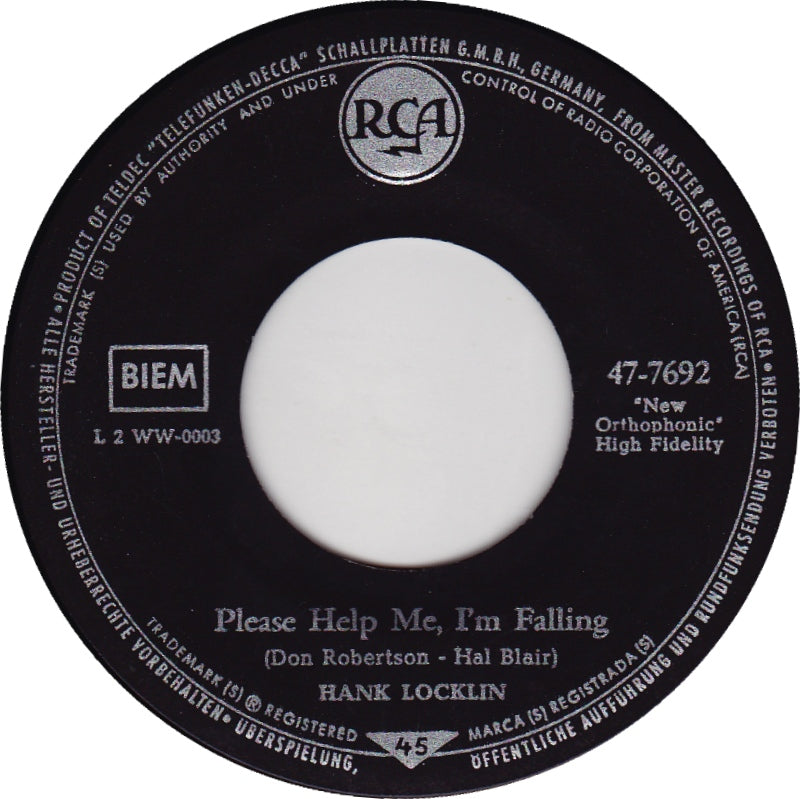 Hank Locklin - Please Help Me, I'm Falling Vinyl Singles Vinyl Very Good (VG) <br> Hoes Generic