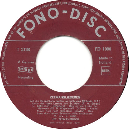 Ernst Jäger Und Sein Orchester - Zeemansliederen Vinyl Singles Vinyl Very Good (VG) <br> Hoes Generic