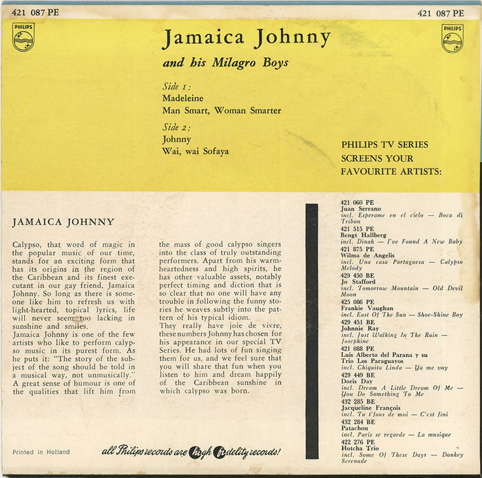 Jamaica Johnny And His Milagro Boys - Madeleine Vinyl Singles EP Vinyl Very Good (VG) <br> Hoes Good Plus (G+)