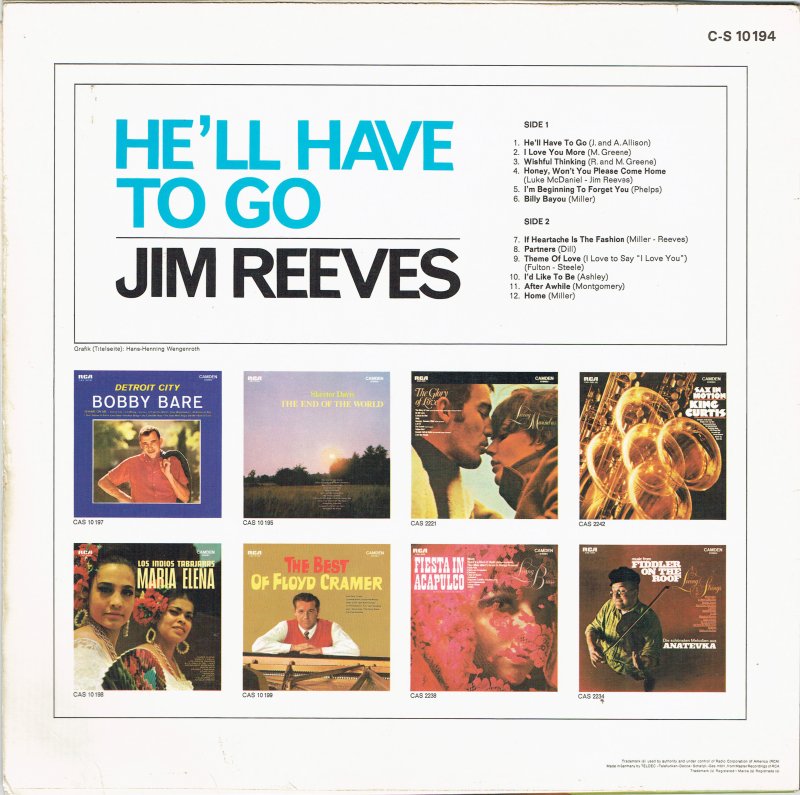 Jim Reeves - He'll Have To Go (LP) Vinyl LP Vinyl Very Good (VG) <br> Hoes Good Plus (G+)
