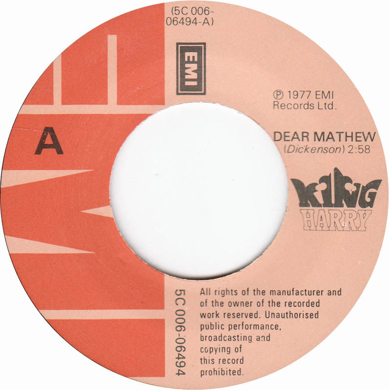 King Harry - Dear Mathew Vinyl Singles Media VG+ / Sleeve Generic