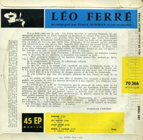 Léo Ferré - Paname Vinyl Singles Vinyl (VG) <br> Hoes (G+)