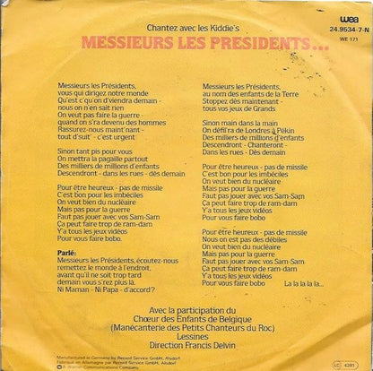 Les Kiddie's - Messieurs Les Présidents Vinyl Zeer Goed / Hoesje Goed "VINYLSINGLES.NL"