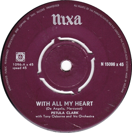 Petula Clark - With All My Heart Vinyl Singles Vinyl (VG) <br> Hoes Generic