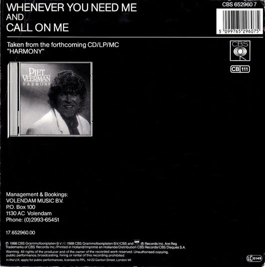 Piet Veerman - Whenever You Need Me 36348 Vinyl Singles Vinyl Zeer Goed / Hoesje Goed "VINYLSINGLES.NL"