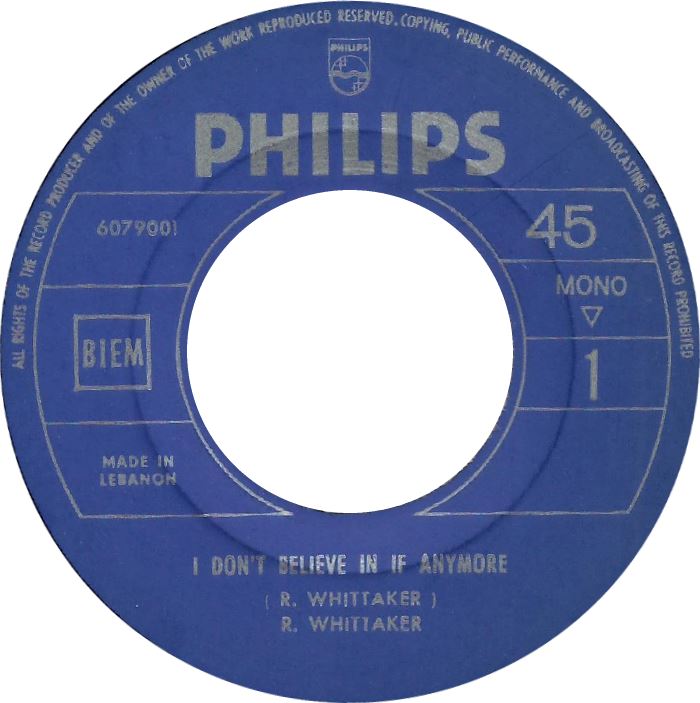 Roger Whittaker - I Don't Believe In If Anymore Vinyl Singles Vinyl Zeer Goed / Hoesje Generic "VINYLSINGLES.NL"