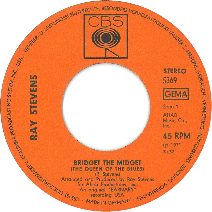 Ray Stevens - Bridget The Midget Vinyl Singles Vinyl Very Good (VG) <br> Hoes Generic