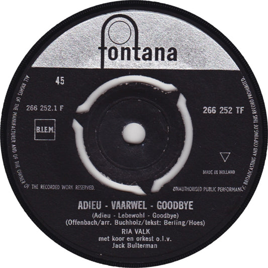 Ria Valk - Adieu-Vaarwel-Goodbye 05032 Vinyl Singles Hoes: Generic Company