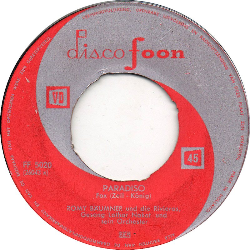 Romy Bäumner - Paradisio Vinyl Singles Vinyl Zeer Goed / Hoesje Generic "VINYLSINGLES.NL"