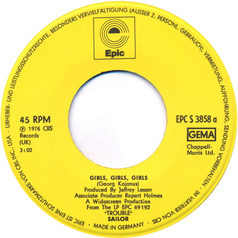 Sailor - Girls, Girls, Girls Vinyl Singles Vinyl (VG) <br> Hoes Generic