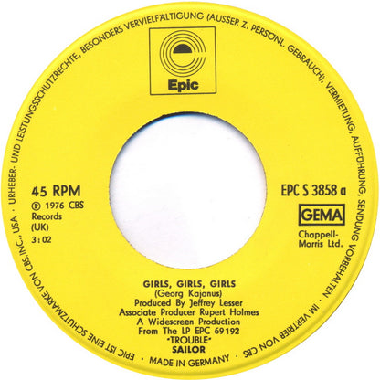 Sailor - Girls, Girls, Girls Vinyl Singles Vinyl (VG) <br> Hoes Generic