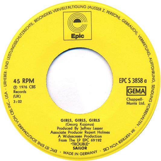Sailor - Girls, Girls, Girls Vinyl Singles Vinyl (VG) <br> Hoes Generic