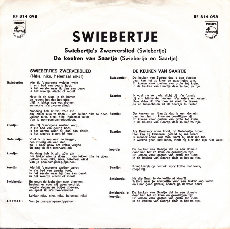 Swiebertje - Swiebertje's Zwerverslied 36369 Vinyl Singles Zeer Goede Staat