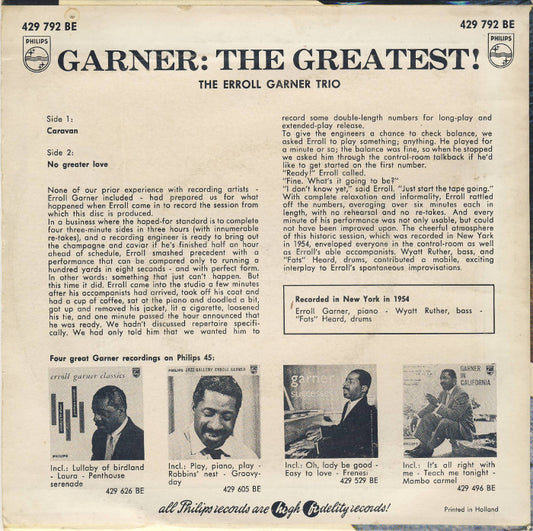 Erroll Garner Trio - Garner : The Greatest Vinyl Singles EP Vinyl Zeer Goed / Hoesje Goed "VINYLSINGLES.NL"
