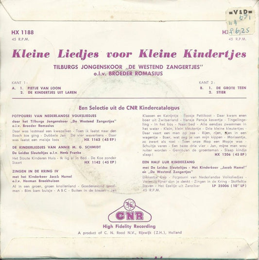 Tilburgs Jongenskoor De Westend Zangertjes - Kleine Liedjes Voor Kleine Kindertjes Vinyl Singles Vinyl Zeer Goed / Hoesje Goed "VINYLSINGLES.NL"