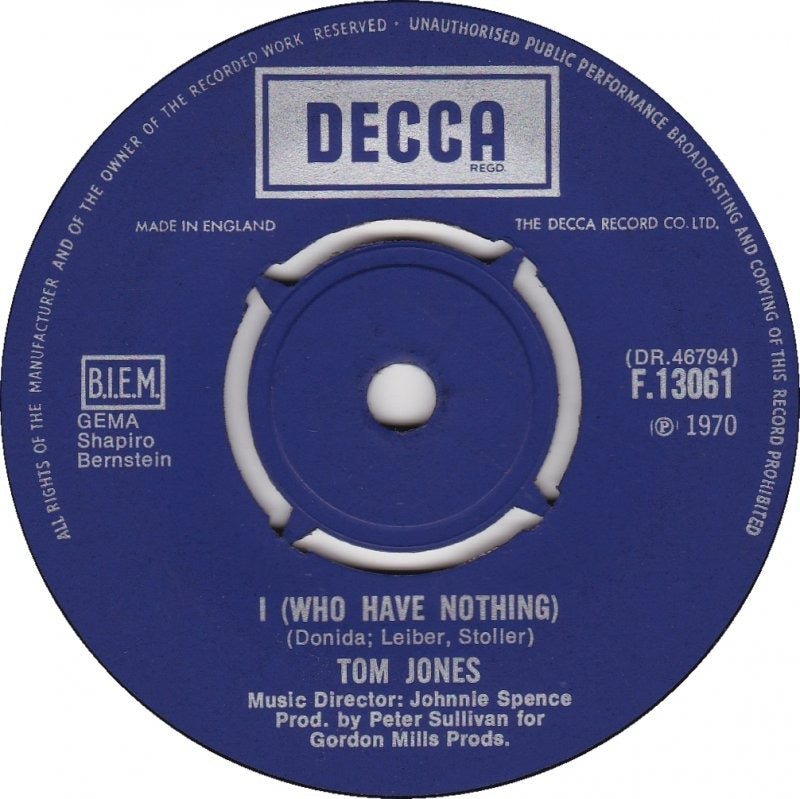 Tom Jones - I (Who Have Nothing) Vinyl Singles Vinyl Very Good (VG) <br> Hoes Generic