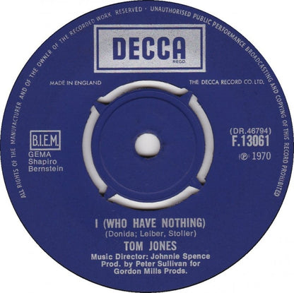 Tom Jones - I (Who Have Nothing) Vinyl Singles Vinyl Very Good (VG) <br> Hoes Generic