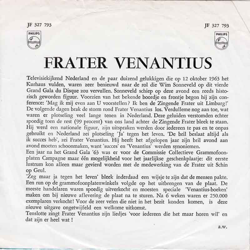 Wim Sonneveld - Frater Venantius Vinyl Singles Vinyl Very Good (VG) <br> Hoes Good Plus (G+)