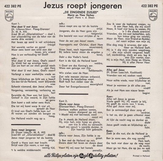 Zingende Zusjes - Jezus Roept Jongeren 25754 Vinyl Singles EP Vinyl Zeer Goed / Hoesje Goed "VINYLSINGLES.NL"