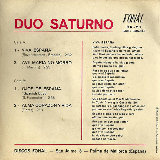 Duo Saturno - Viva España Vinyl Singles EP Vinyl Zeer Goed / Hoesje Goed "VINYLSINGLES.NL"