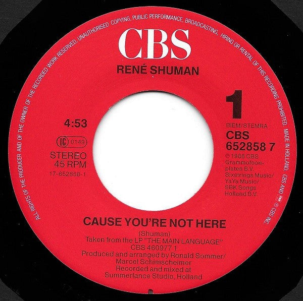 René Shuman - Cause You're Not Here 29091 18518 Vinyl Singles VINYLSINGLES.NL