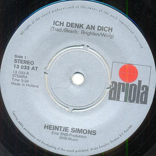 Heintje Simons - Ein hoch auf de liene 02094 Vinyl Singles Goede Staat