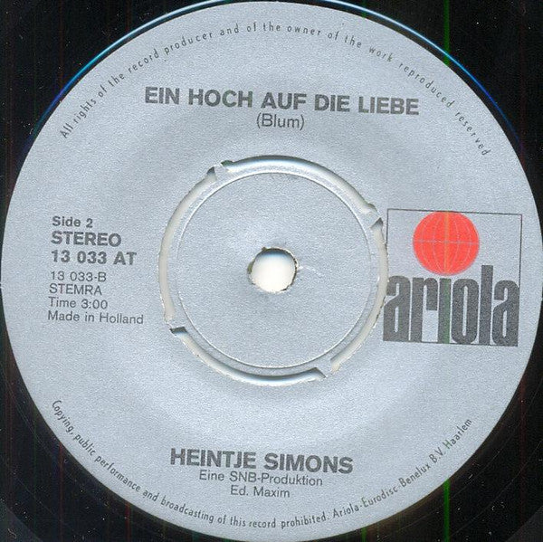 Heintje Simons - Ein hoch auf de liene 02094 Vinyl Singles Goede Staat