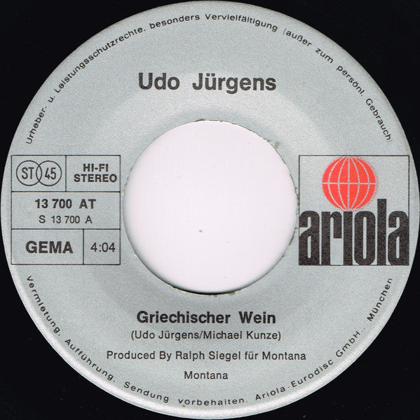 Udo Jurgens - Griechischer Wein 36757 Vinyl Singles VINYLSINGLES.NL