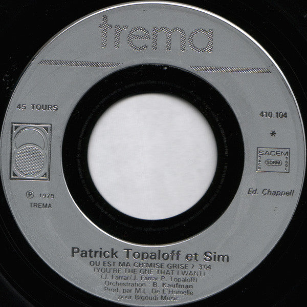 Patrick Topaloff & Sim - Où Est Ma Ch'mise Grise Vinyl Singles Vinyl (VG) <br> Hoes (G+)